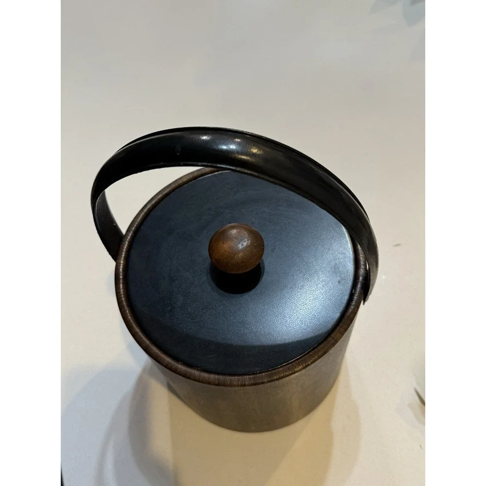 Vintage‎ Irvinware MCM Ice Bucket Faux Leather Wood Grain Lidded USA Made